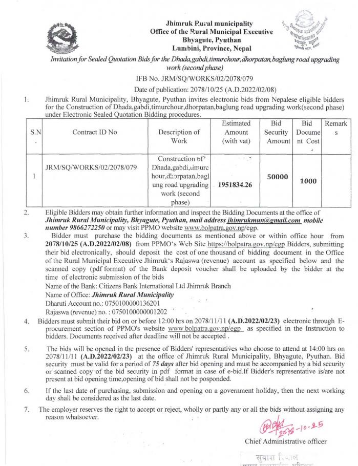 Invitation for Sealed Quotation Bids for the Dhanda,gabdi,timurchour,dhorpatan,baglung road upgrading work(second phase)